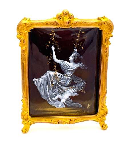Antique French Signed Grisaille Enamel Plaque of 'The Swing' after E. Bisson