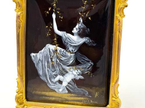 Antique French Signed Grisaille Enamel Plaque of 'The Swing' after E. Bisson