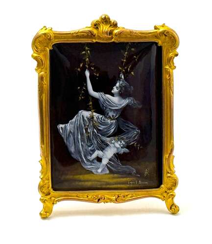 Antique French Signed Grisaille Enamel Plaque of 'The Swing' after E. Bisson