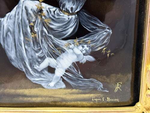 Antique French Signed Grisaille Enamel Plaque of 'The Swing' after E. Bisson