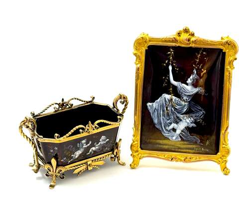Antique French Signed Grisaille Enamel Plaque of 'The Swing' after E. Bisson