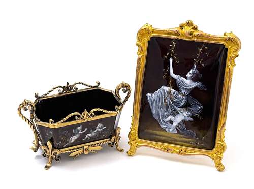 Antique French Signed Grisaille Enamel Plaque of 'The Swing' after E. Bisson