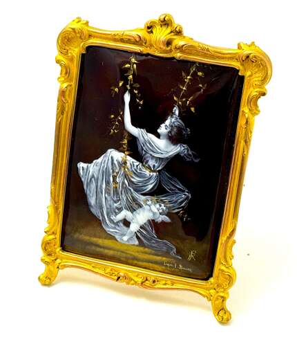 Antique French Signed Grisaille Enamel Plaque of 'The Swing' after E. Bisson