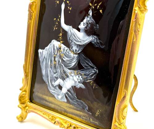 Antique French Signed Grisaille Enamel Plaque of 'The Swing' after E. Bisson