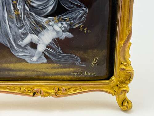 Antique French Signed Grisaille Enamel Plaque of 'The Swing' after E. Bisson