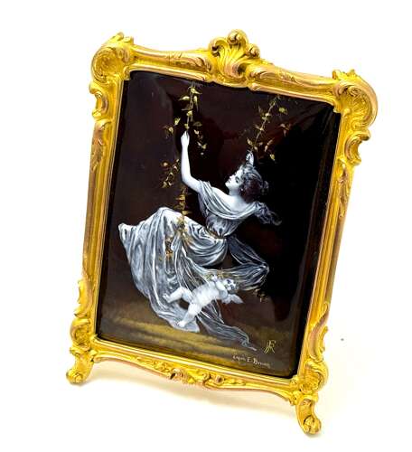 Antique French Signed Grisaille Enamel Plaque of 'The Swing' after E. Bisson