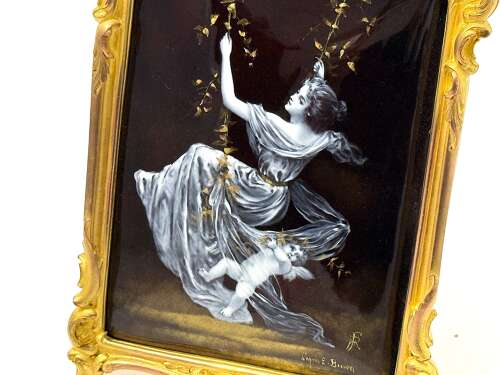Antique French Signed Grisaille Enamel Plaque of 'The Swing' after E. Bisson