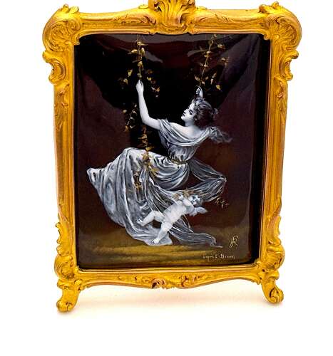 Antique French Signed Grisaille Enamel Plaque of 'The Swing' after E. Bisson