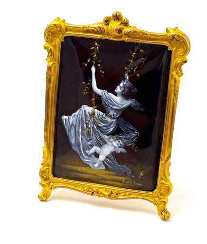 Antique French Signed Grisaille Enamel Plaque of 'The Swing' after E. Bisson