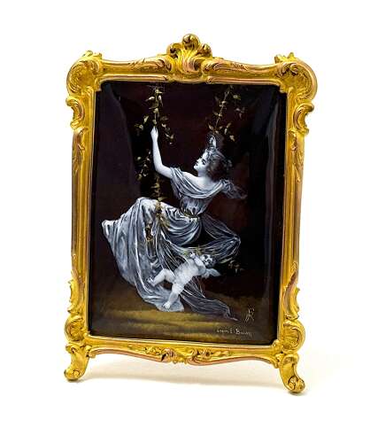 Antique French Signed Grisaille Enamel Plaque of 'The Swing' after E. Bisson
