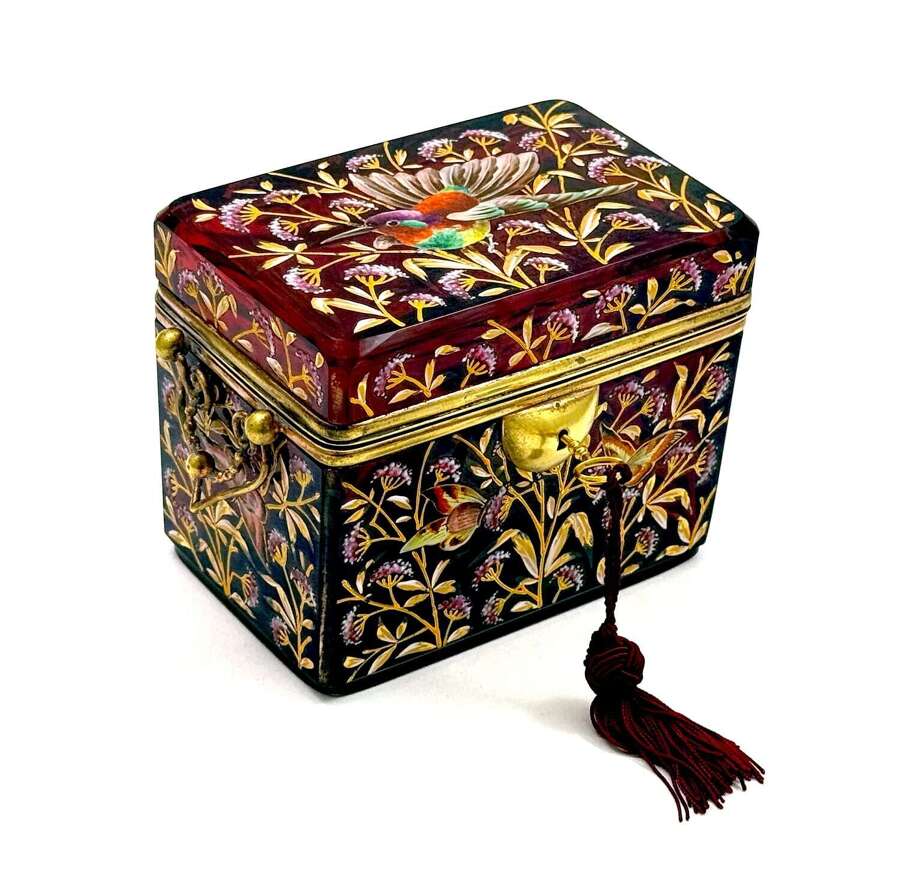 An Exceptional Antique Moser Ruby Red Glass Casket with Birds and Butterflies Decoration