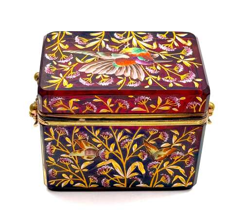 An Exceptional Antique Moser Ruby Red Glass Casket with Birds and Butterflies Decoration