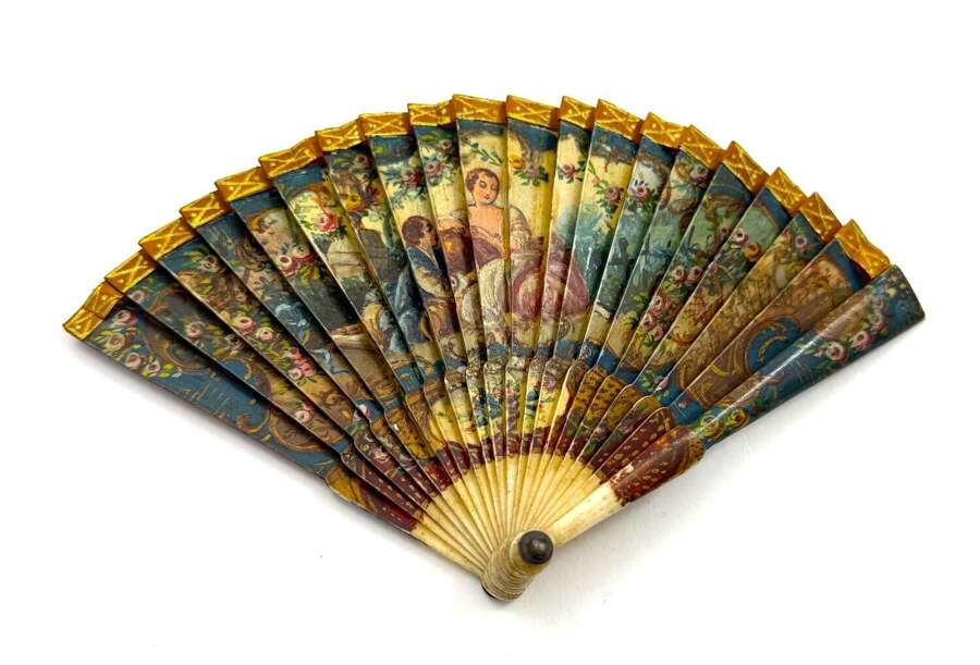 An Elegant Antique French Miniature Hand Painted Fan with Romantic Scene