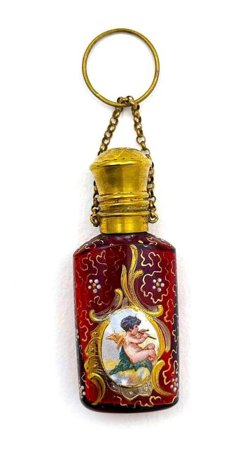 Antique Ruby Rdd Glass Perfume Bottle Decorated with Hand-Painted Enamelled Cupid