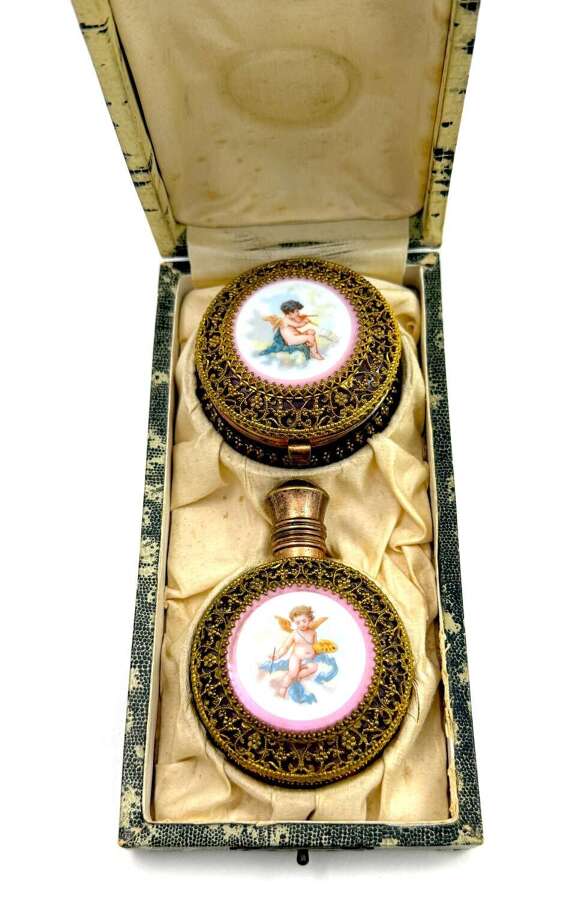 A Fine Antique French Vanity Set, of Matching Perfume Bottle & Pill Box