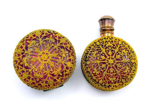 A Fine Antique French Vanity Set, of Matching Perfume Bottle & Pill Box