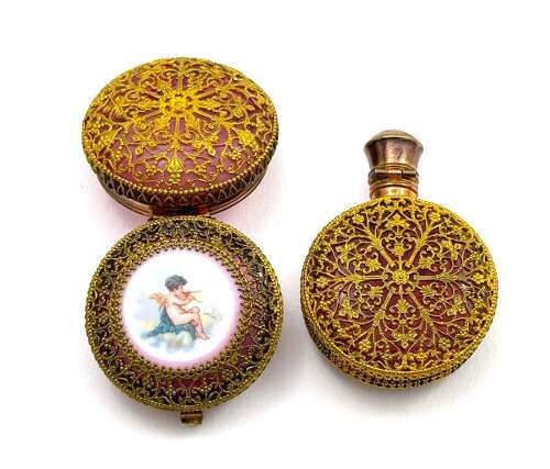A Fine Antique French Vanity Set, of Matching Perfume Bottle & Pill Box