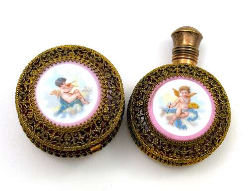 A Fine Antique French Vanity Set, of Matching Perfume Bottle & Pill Box