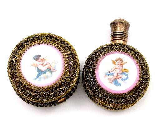 A Fine Antique French Vanity Set, of Matching Perfume Bottle & Pill Box