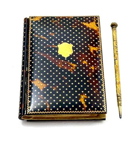 Antique French Tortoiseshell Aide Memoire Note Book Featuring Gold Star Design.