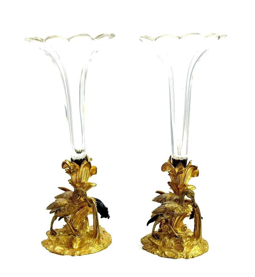 A Striking Pair of Antique French Trumpet-Shaped Glass Vases with Dore Bronze Mounts