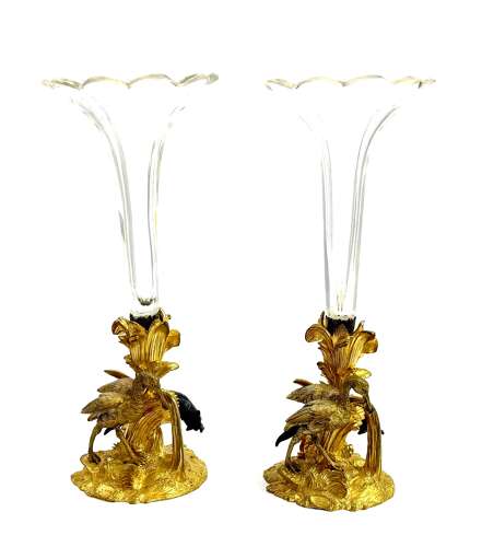 A Striking Pair of Antique French Trumpet-Shaped Glass Vases with Dore Bronze Mounts