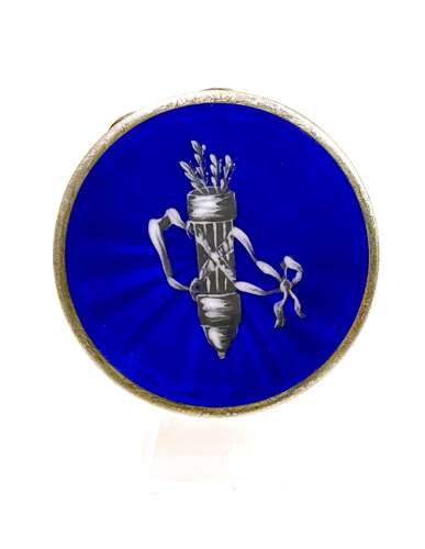 Antique Blue Guilloché Enamel Pill Box with a Finely Detailed Quiver of Arrows