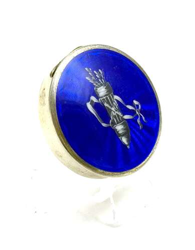 Antique Blue Guilloché Enamel Pill Box with a Finely Detailed Quiver of Arrows