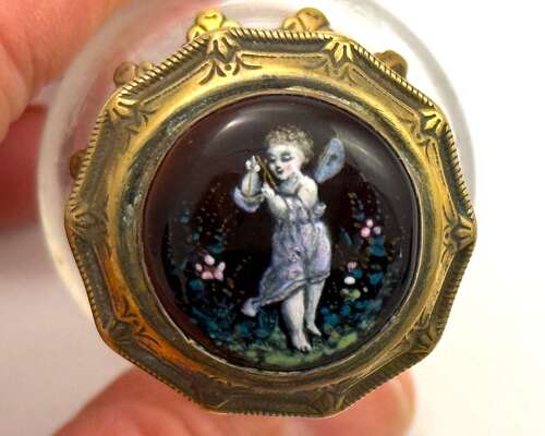 Antique French Glass Perfume Bottle with Hand-Painted Enamel Cherub Top.