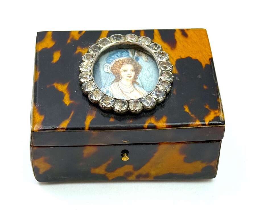 A Fine Antique Regency Tortoiseshell Trinket Box with a Miniature and Paste Frame