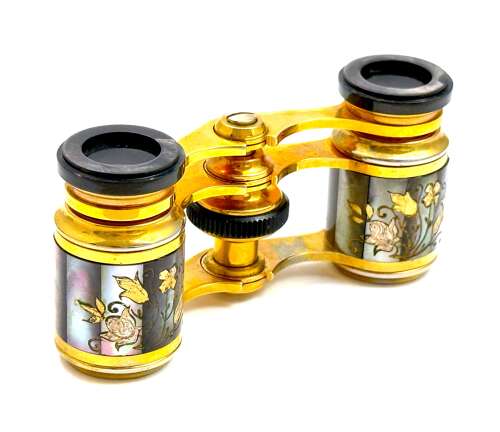 Pretty Antique Pair of French Altex Paris Abalone and Dore Bronze Opera Glasses.
