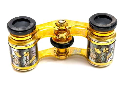 Pretty Antique Pair of French Altex Paris Abalone and Dore Bronze Opera Glasses.