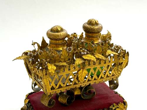 A Fine Antique Palais Royal Double Perfume Set in a Dore Bronze Basket
