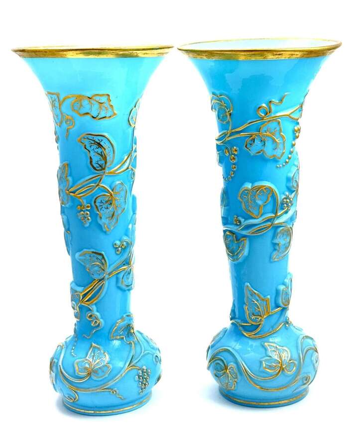 A Rare Pair Baccarat Opaline Glass Vases Known as &ldquo;Vase &agrave; Guirlande de Lierre&rdquo;