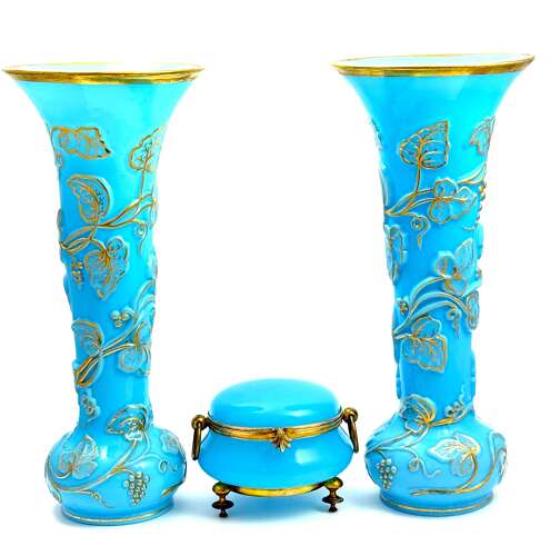 A Rare Pair Baccarat Opaline Glass Vases Known as “Vase à Guirlande de Lierre”