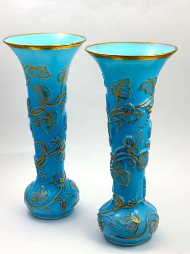 A Rare Pair Baccarat Opaline Glass Vases Known as “Vase à Guirlande de Lierre”