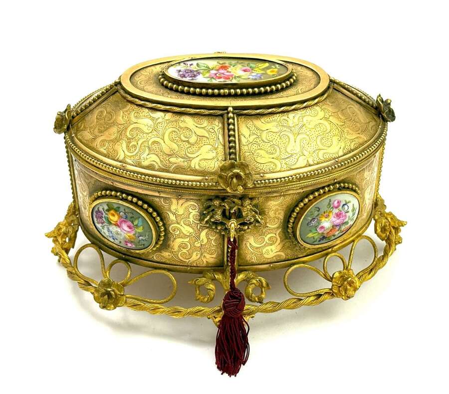 A Large Antique French Dore&nbsp;Bronze Casket with Porcelain Plaques and Cherub Lock