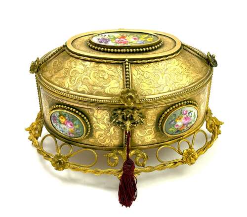 A Large Antique French Dore Bronze Casket with Porcelain Plaques and Cherub Lock