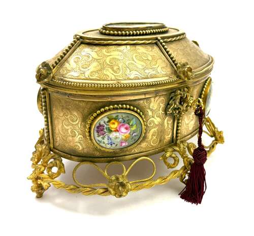 A Large Antique French Dore Bronze Casket with Porcelain Plaques and Cherub Lock
