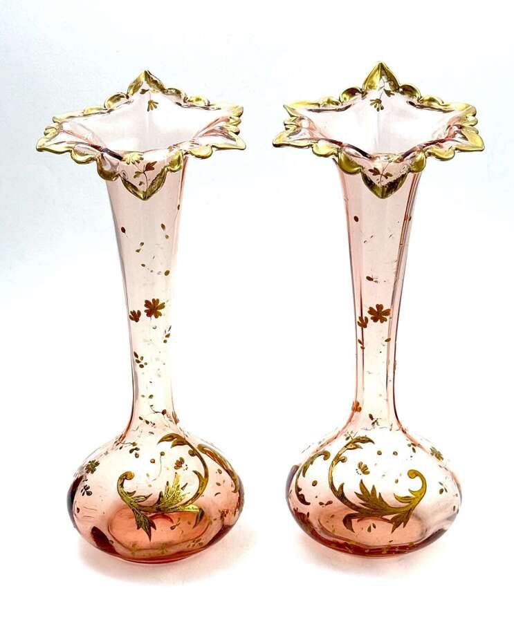 A Pair of Antique St Louis Pink Glass Vases with Gold Enamel Decoration