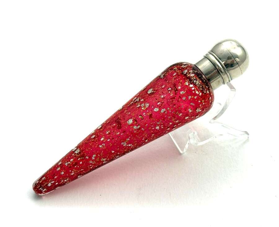 Antique English Ruby Red Aventurine Glass and Silver Mounted Scent Bottle