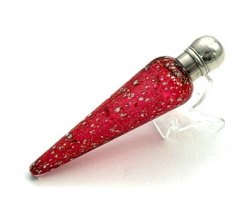 Antique English Ruby Red Aventurine Glass and Silver Mounted Scent Bottle