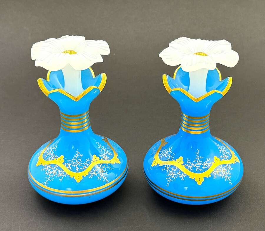 A Pair of Antique Baccarat Blue Opaline GlassPerfume Bottles with Flowers Stoppers