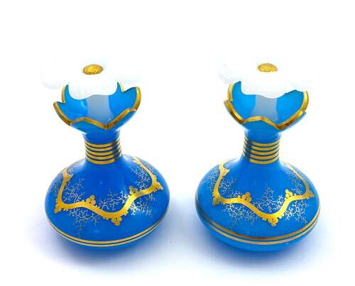 A Pair of Antique Baccarat Blue Opaline GlassPerfume Bottles with Flowers Stoppers