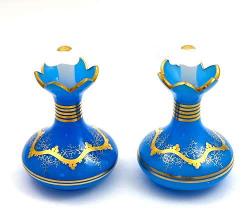 A Pair of Antique Baccarat Blue Opaline GlassPerfume Bottles with Flowers Stoppers