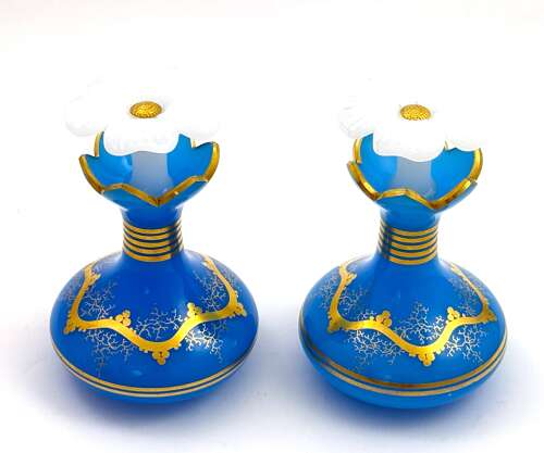 A Pair of Antique Baccarat Blue Opaline GlassPerfume Bottles with Flowers Stoppers