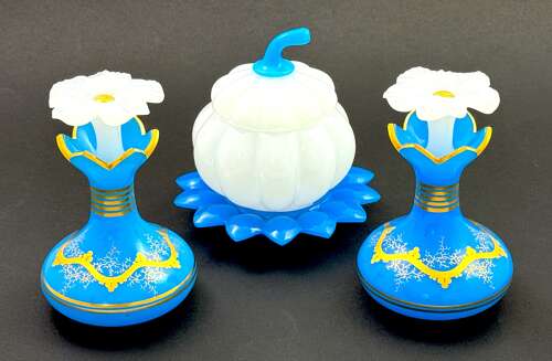 A Pair of Antique Baccarat Blue Opaline GlassPerfume Bottles with Flowers Stoppers