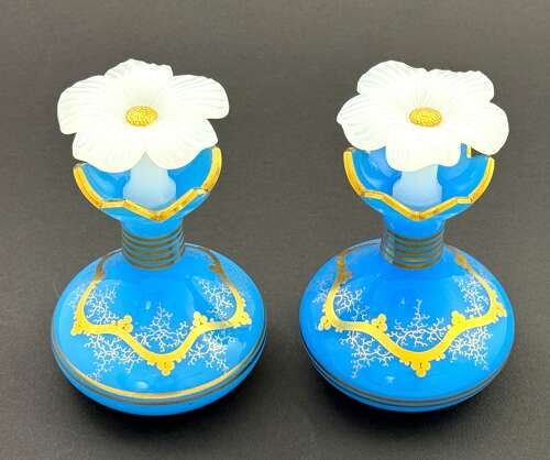 A Pair of Antique Baccarat Blue Opaline GlassPerfume Bottles with Flowers Stoppers