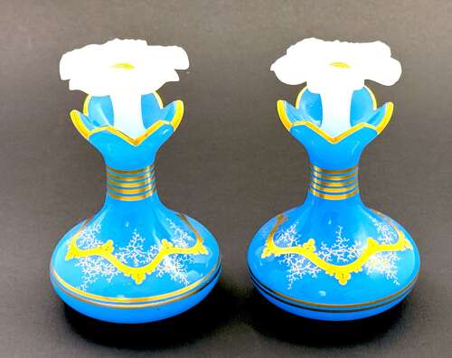A Pair of Antique Baccarat Blue Opaline GlassPerfume Bottles with Flowers Stoppers