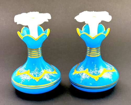 A Pair of Antique Baccarat Blue Opaline GlassPerfume Bottles with Flowers Stoppers